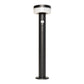 Black outdoor stainless steel bollard light with white light fixture on a white background