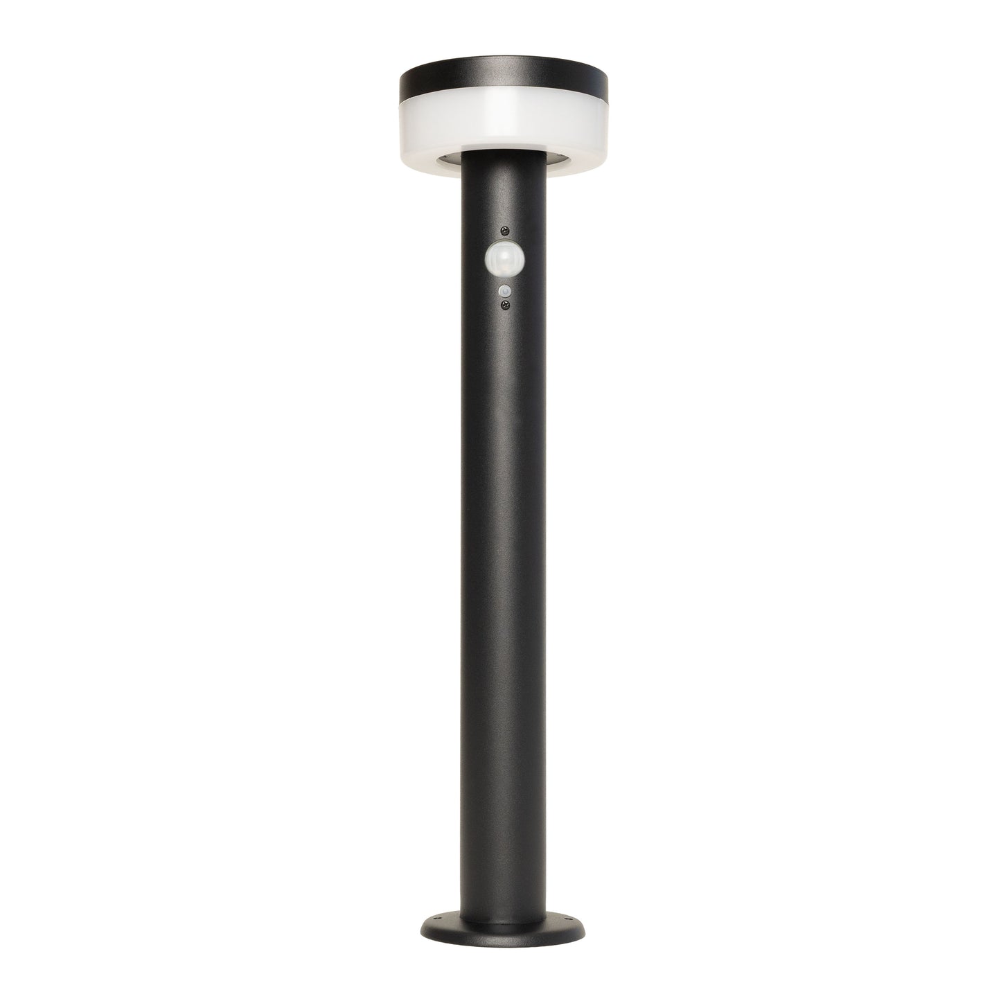 Black outdoor stainless steel bollard light with white light fixture on a white background