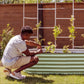 Man attending to his garden bed with plants climbing the trellis in the background