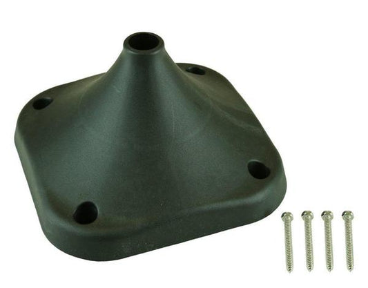 Studio image of black plastic square hose reel ground mount next to four stainless steel screws