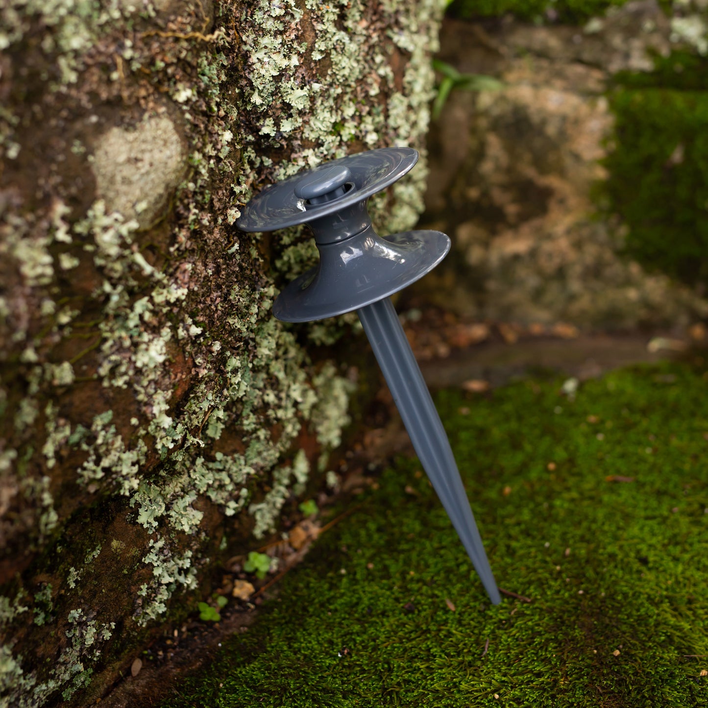 A charcoal colour ground hose guide leaning against a moss covered rock.